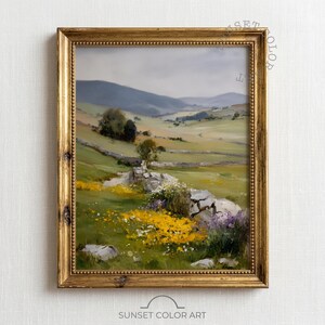 Rustic Yorkshire Dales Landscape Printable, Serenity of Dry-Stone Wall, Cottagecore Pastoral Scene, Lush Fields, Digital Wall Art