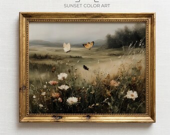 Paisagem pastoral estilo cottagecore, pintura vintage de borboletas, prado rústico de flores silvestres, decoração primaveril melancólica, arte de parede para imprimir.