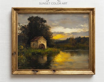Abandoned Stone Watermill, Rustic Sunset Landscape Printable Wall Art (Digital Download)