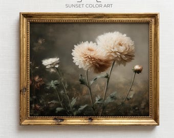 Pintura botânica de crisântemos antigos, para imprimir, arte floral melancólica, decoração de parede vintage, estilo rústico elegante, download digital.