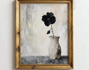 Vintage Black Hollyhock Print, Moody Floral Still Life Printable Wall Art, Dark Botanical Painting (Digital Download)