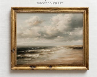 Pintura costeira melancólica, paisagem marítima vintage, costa rochosa antiga, arte de parede para imprimir, decoração tranquila à beira-mar, download digital