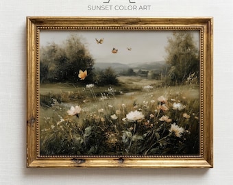 Pintura Cottagecore de Prado de Borboletas, Arte de Parede Imprimível de Primavera, Paisagem Vintage de Flores Silvestres, Decoração Aconchegante e Neutra, Download Digital