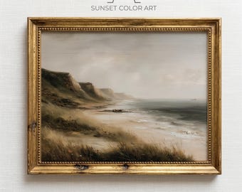 Pintura de paisagem costeira melancólica, arte vintage de costa rochosa, cena rústica à beira de um penhasco, decoração de parede neutra para imprimir, download digital de oceano calmo