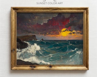 Dramatic Ocean Seascape, Moody Coastal Cliffs Sunset Printable Wall Art (Digital Download)