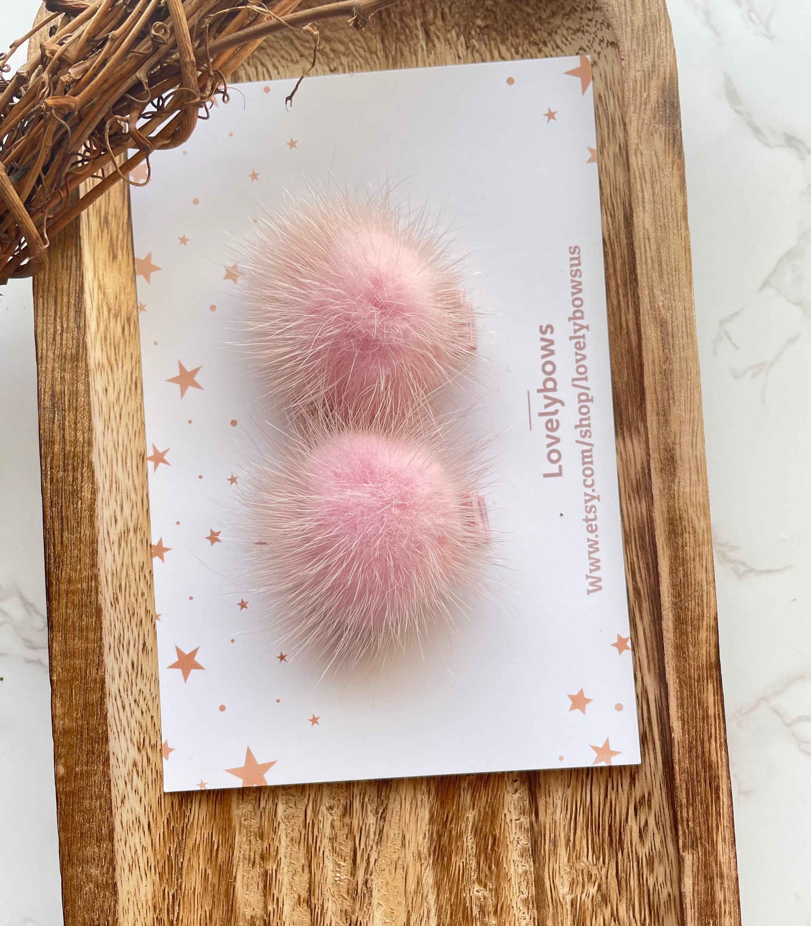 2 X Fluffy real mink baby pink pom pom hair clips cute pins 
