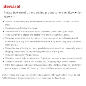 May include: A warning message about fraudulent sellers on Etsy. The text advises buyers to be cautious of sellers who offer products at significantly lower prices than similar items, have no reviews, or provide limited information about themselves. The message also highlights other red flags, such as delayed shipping, poor communication, and the use of free shipping for heavy items.