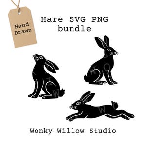 May include: A collection of black hare illustrations in various poses, including sitting, standing, and running. The image includes the text "Hare SVG PNG bundle" and "Hand Drawn" on a tag. The bottom of the image reads "Wonky Willow Studio".
