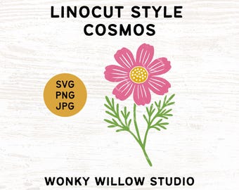 Cosmos Flower Clipart - October Birth Month Flower - SVG PNG - Block Print Style