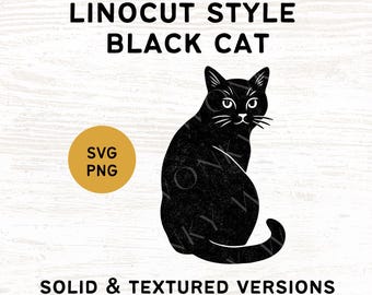 Black Cat PNG SVG - Hand Drawn Cat Clipart - Silhouette - Linocut Style