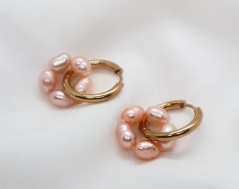 Perlen Creolen Ohrringe, Edelstahl Ohrringe mit Süßwasser Perlen, Perlen Ring Ohrringe