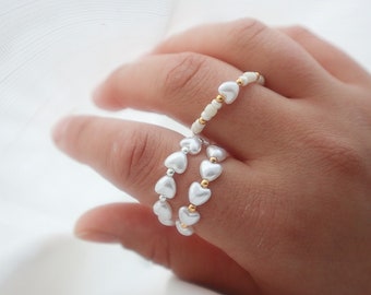 Pearl Ring, Freshwater pearl ring, miyuki pearl ring, stretch ring, white pearl, handmade ring, elastic pearl rings, Heart pearls ring