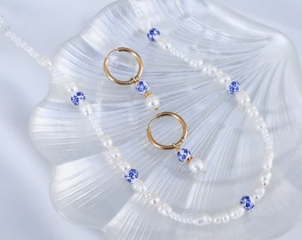 Collar de perlas de porcelana azul, collar de cuentas de flores azules, collar de perlas de agua dulce y cuentas de cerámica, collar de perlas de agua dulce
