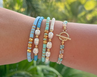 Sheishi Pearl Bracelet, Beaded Bracelet, Heishi Beads, Colorful Bracelets, Gold Bracelet, Stretchy Bracelet, Freshwater Pearl Bracelet