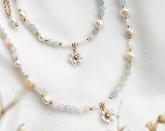 Collier flore, collier de pierres précieuses, collier de perles, collier d'été, collier de fleurs, collier de perles d'eau douce, cadeau pour elle