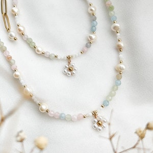 Collana con pietra preziosa morganite: fiore di perla, gioielli estivi in acciaio inossidabile