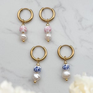 Blue porcelain pearl earrings, Dainty minimalist pearl earrings, Hoop Earrings, Blue and white freshwater pearl drop earring