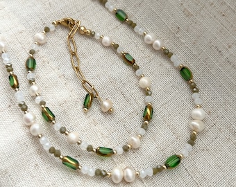 Pearl & Zirconia Esmeralda Necklace: Stainless Steel Beaded Chain