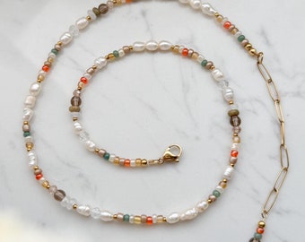 Colorful Beaded Necklace: Freshwater Pearls & Natural Stone