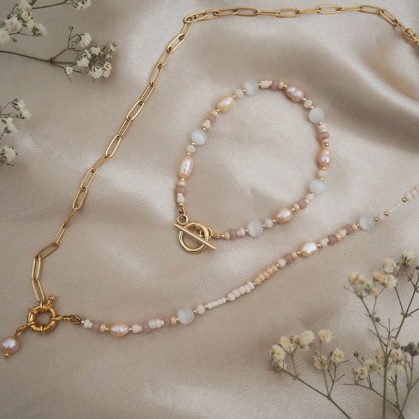 Collier de perles de perle et zircone, collier personnalisé, collier de perles, collier d'été, collier de perles, collier de perles d'eau douce, cadeau pour elle