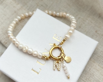 Freshwater Pearl Bracelet, Personalized Bracelet, Initial Bracelet, Stylish Bracelet ,Small Beaded Bracelet, Zirconia Bracelet, Gift for Her