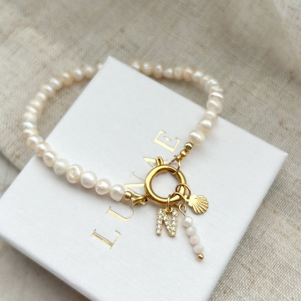 Freshwater Pearl Initial Bracelet: Stainless Steel Zirconia Charm