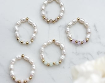 Freshwater Pearl Stretch Ring: Handmade Zirconia Beaded Ring