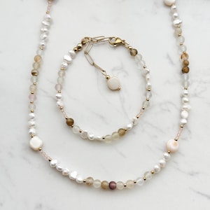 Freshwater Pearl Necklace: Gemstone & Stainless Steel Beaded Necklace