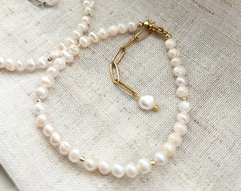 Bracciale di perle d'acqua dolce: catena in acciaio inossidabile, gioielli di perle perline