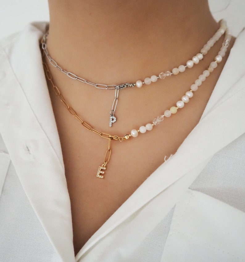 Collana di perle e zirconi, collana personalizzata, collana di perle, collana con lettere, collana personalizzata, collana di perle d'acqua dolce immagine 1