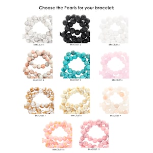 May include: Eleven different styles of pearl bracelets, each with a different color and pattern. The bracelets are arranged in a grid of three rows and four columns. The bracelets are all made of round pearls.
