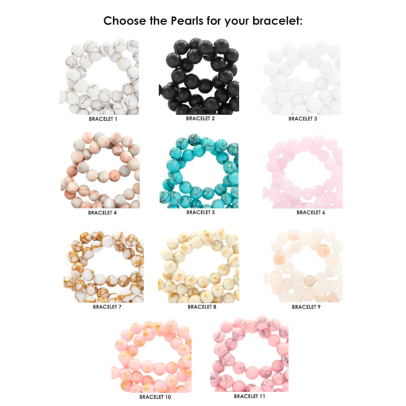 May include: Eleven different styles of pearl bracelets, each with a different color and pattern. The bracelets are arranged in a grid of three rows and four columns. The bracelets are all made of round pearls.