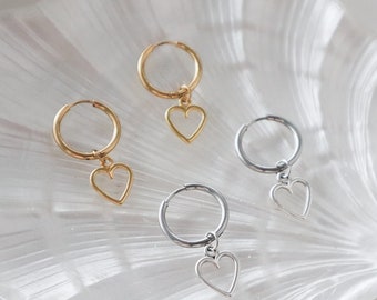 Heart Hoop Earrings, Dainty Heart Hoops, Heart Huggies, Heart Hanging Earrings, Gold Earrings