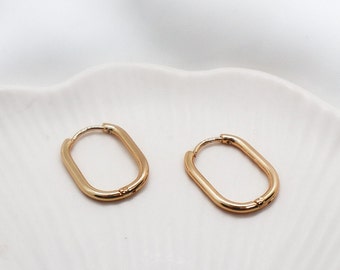 Gold Rectangular Earrings, Rectangle Earrings, Rectangular Hoop Earrings, huggie hoops, Stainless Steel Earrings