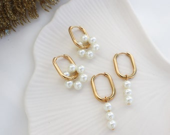 Pearls Hoops Earrings, Stainless Steel Earrings with freshwater pearls, Pearl Ring Earrings