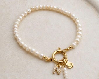 Freshwater Pearl Initial Bracelet: Stainless Steel Zirconia Charm