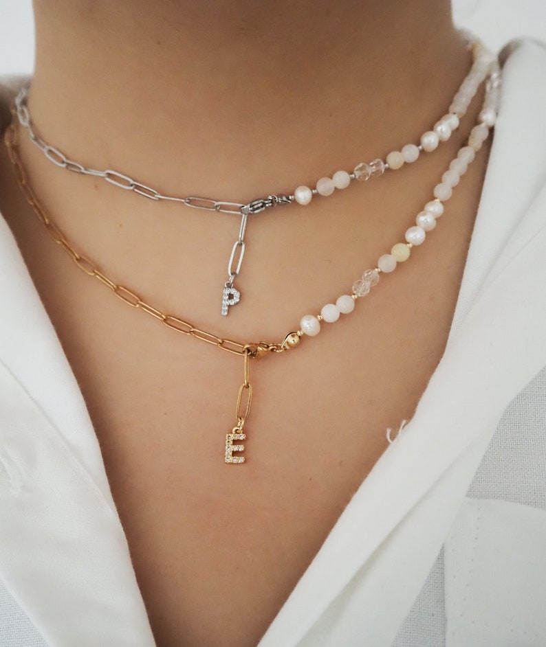Collana di perle e zirconi, collana personalizzata, collana di perle, collana con lettere, collana personalizzata, collana di perle d'acqua dolce immagine 3