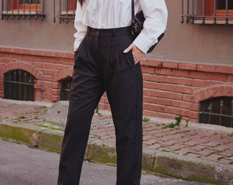 High waisted Aesthetic Black  Linen Vintage Styled Straight Trousers