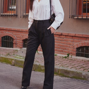 High waisted Aesthetic Black  Linen Vintage Styled Straight Trousers