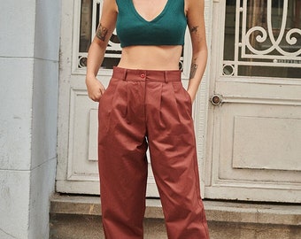 High waisted Trousers Aesthetic Brown Cotton Trousers Designer Pleated Pants Vintage Styled Straight Trousers