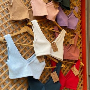 Crop Top Colorful Tank Top V Neck Ribbed Top