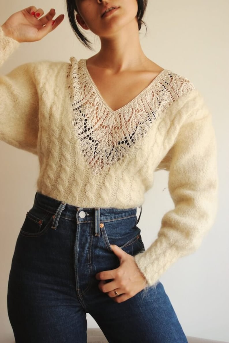 Vintage Mohair sweater Mohair oversized sweater Sweaters for women Women sweater embroidered sweater Handmade Floppy sweater Beige