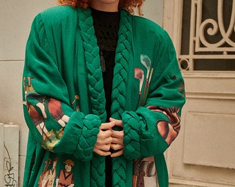 Silk Handmade Vintage Jacket Hand Painted Colorful Kimono 80s Party Jacket Pure Silk