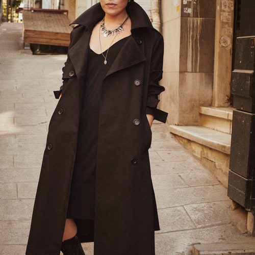 Oversized double breasted shops black trench coat, maxi long trench coat with shoulder padded and epaulette, detailed trench coat for unisex
