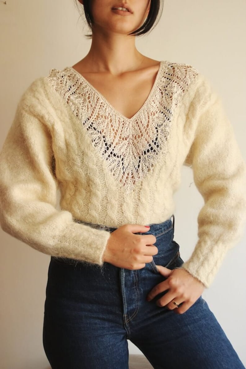 Vintage Mohair sweater Mohair oversized sweater Sweaters for women Women sweater embroidered sweater Handmade Floppy sweater Beige