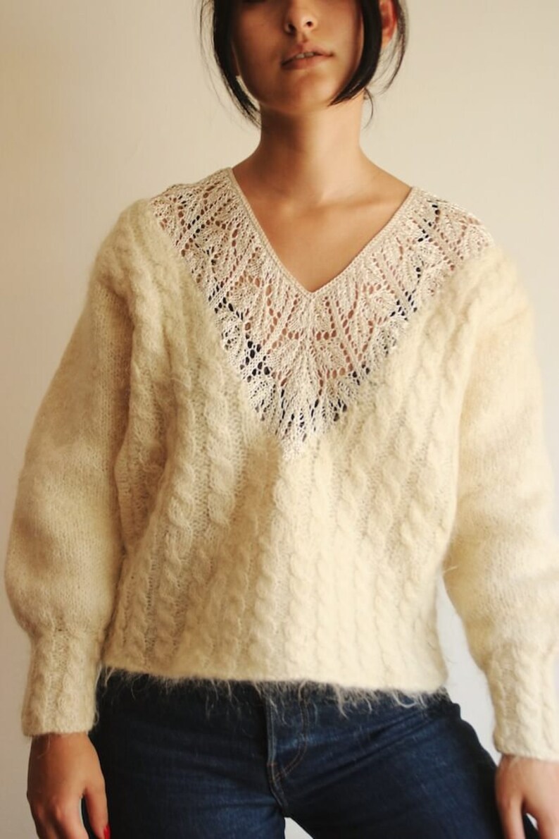 Vintage Mohair sweater Mohair oversized sweater Sweaters for women Women sweater embroidered sweater Handmade Floppy sweater Beige