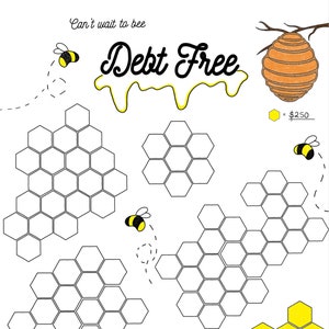 Puede incluir: Una hoja de trabajo imprimible con un patrón de panal y abejas. La hoja de trabajo se titula "Debt Free" e incluye el texto "Can't wait to bee". La hoja de trabajo está diseñada para ayudar a las personas a realizar un seguimiento de su progreso hacia la libertad de deudas.