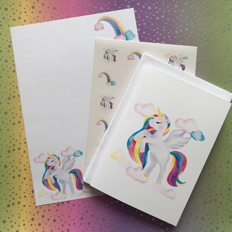 Rainbow Unicorn Writing Set, Stationery Set, Letter Writing Notepaper & Stickers Plain Notepaper