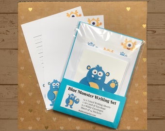 Blue Monster Writing Set, Stationery Set, Letter Writing Notepaper & Stickers