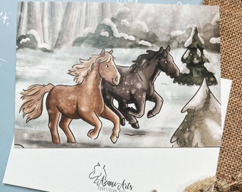 Weihnachtskarte Pferd | Winter Postkarte für Pferdemädchen | Weihnachtsgeschenk für Reiterin | Ponymotiv Grußkarte Illustration Bunt